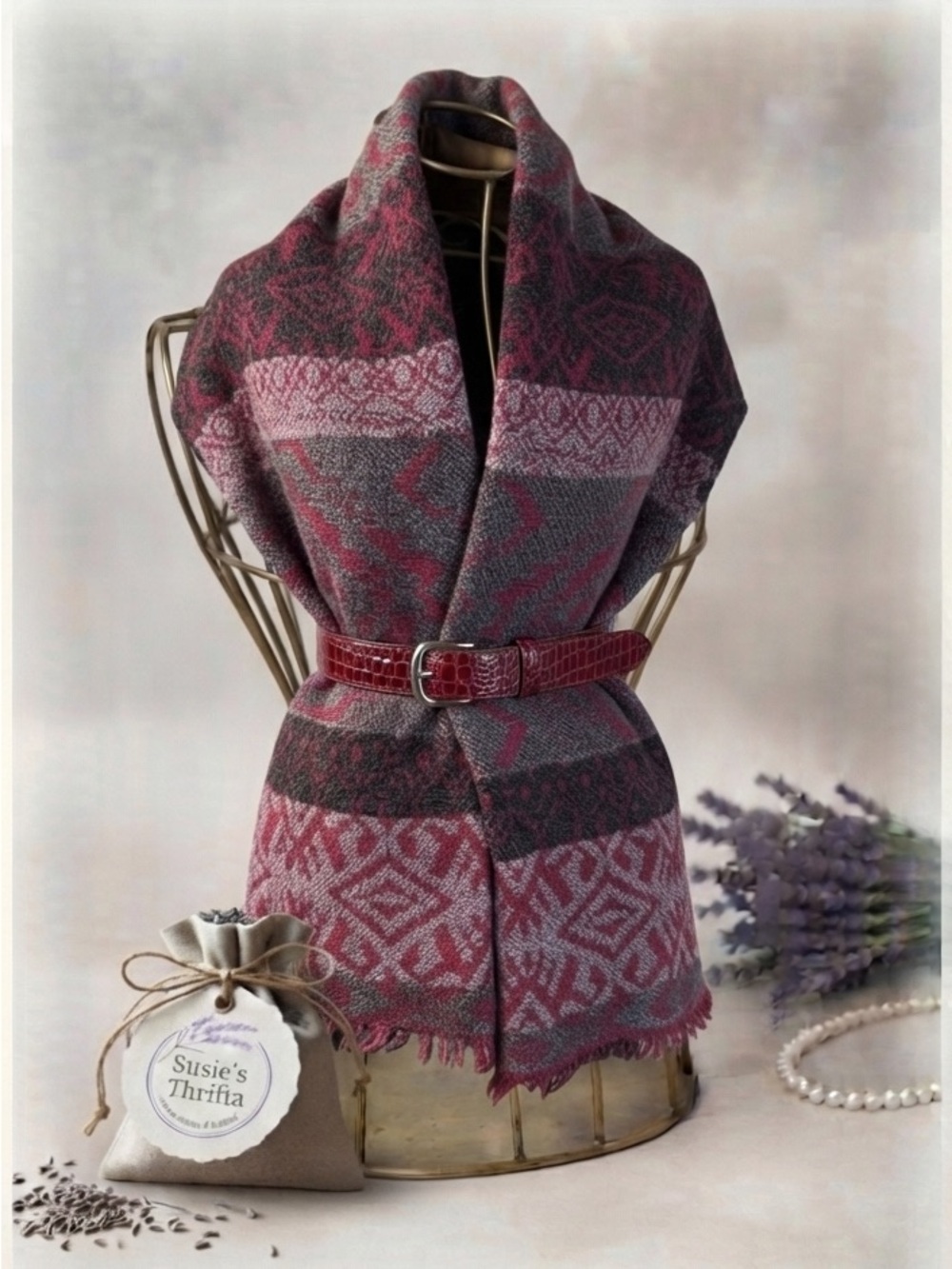 Geometric Oversized Blanket Scarf & Faux Croc Belt Set